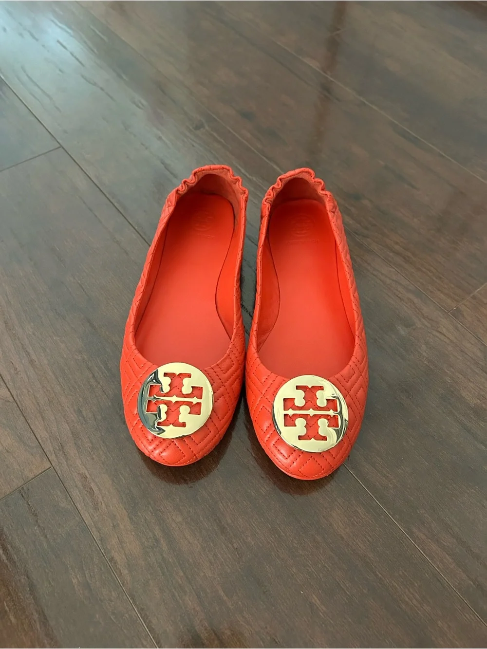 Tory Burch Coral-Orange Reva Quilted Ballet Flats